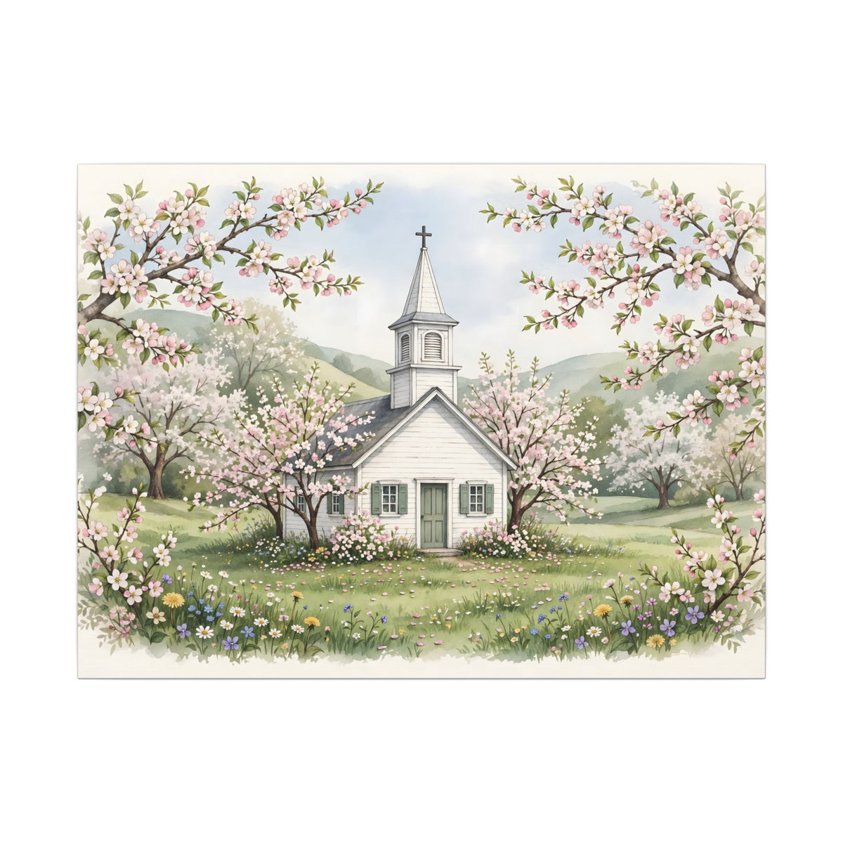 Country Church in Spring Canvas Wall Art