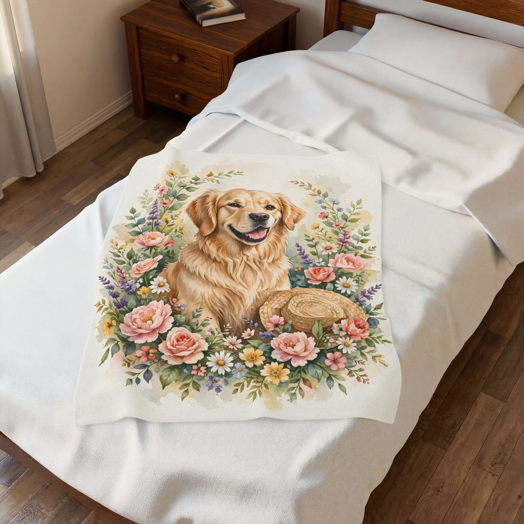 Golden Retriever in the Garden Velveteen Plush Blanket
