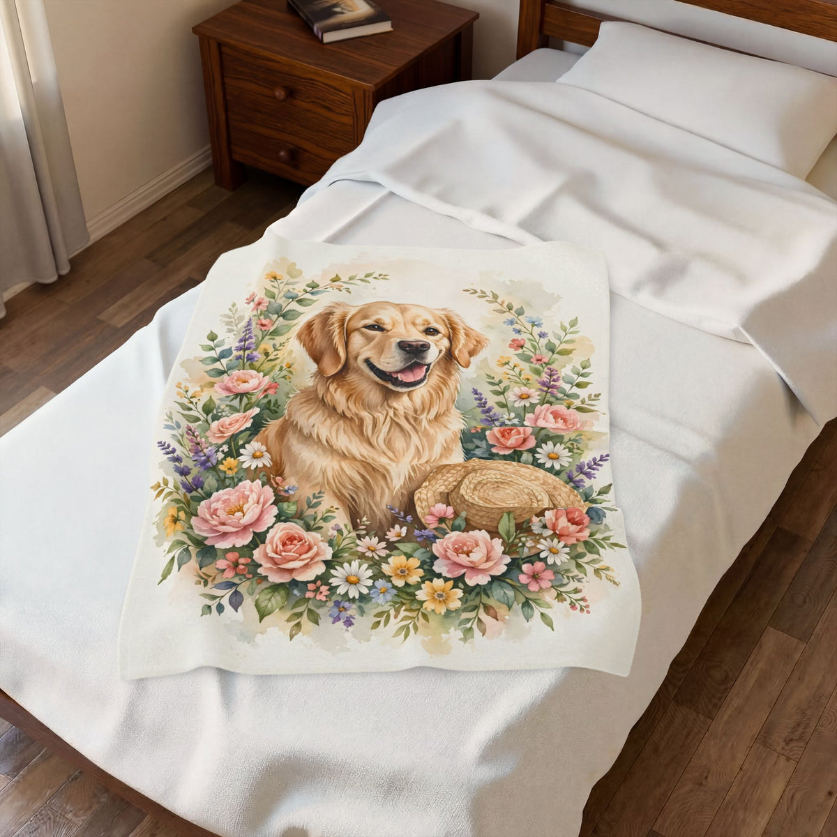 Golden Retriever in the Garden Velveteen Plush Blanket