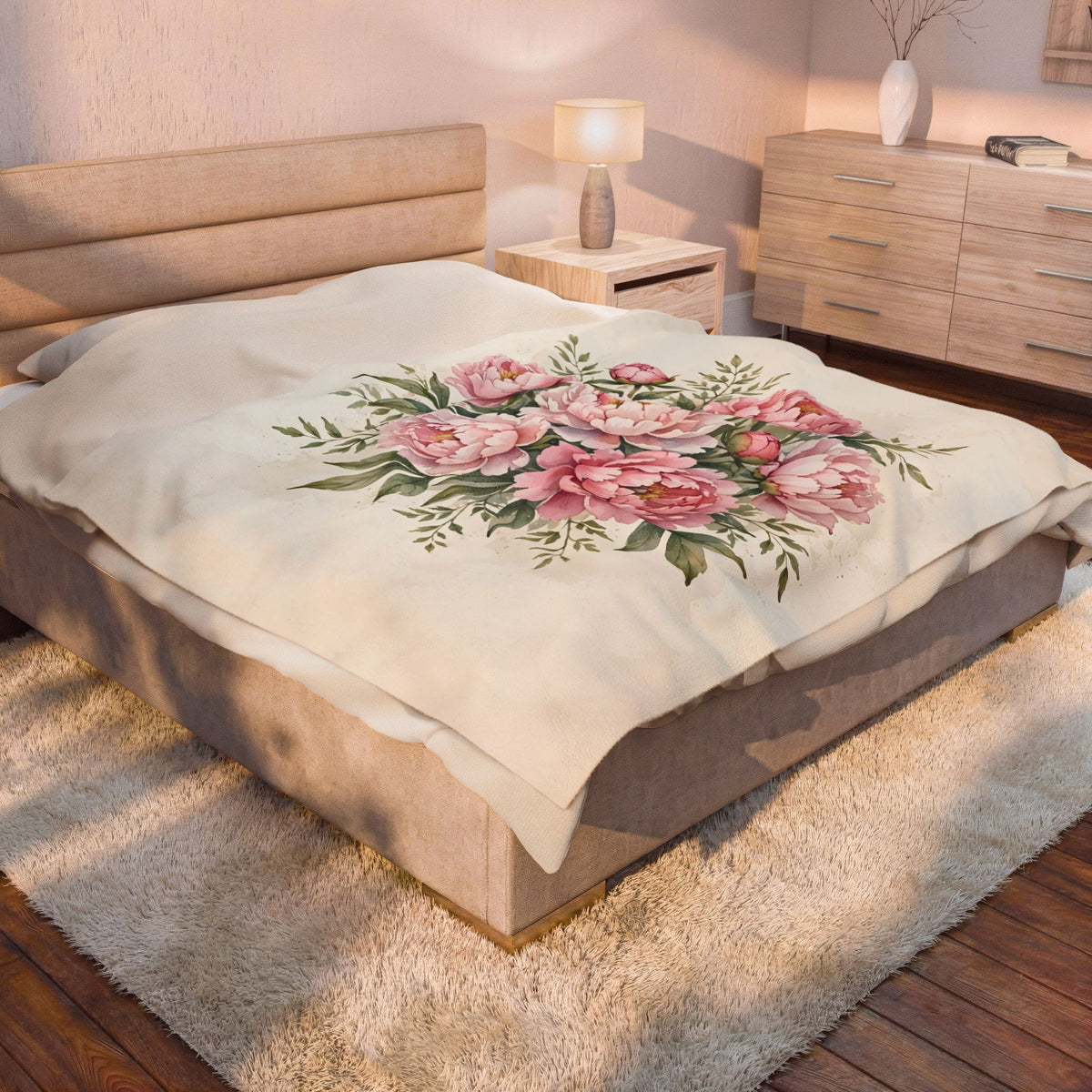 Pink Peonies Watercolor Velveteen Plush Blanket