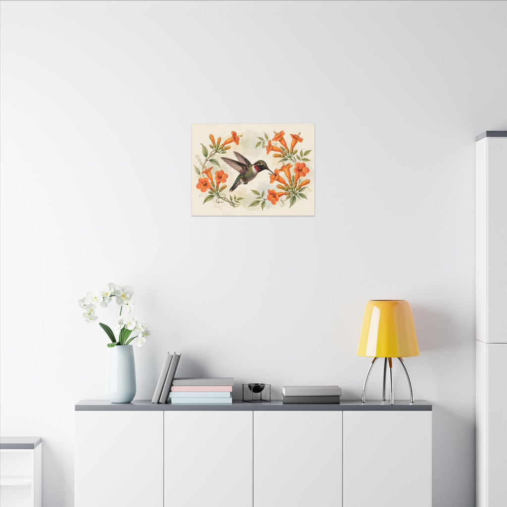 Hummingbird and Trumpet Flowers Canvas Wall Art