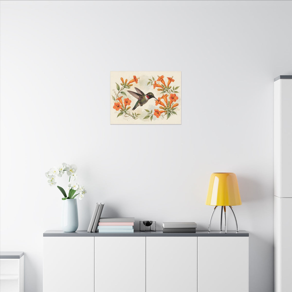 Hummingbird and Trumpet Flowers Canvas Wall Art