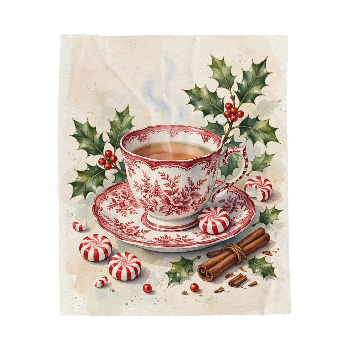 Christmas Teacup with Peppermints Velveteen Plush Blanket