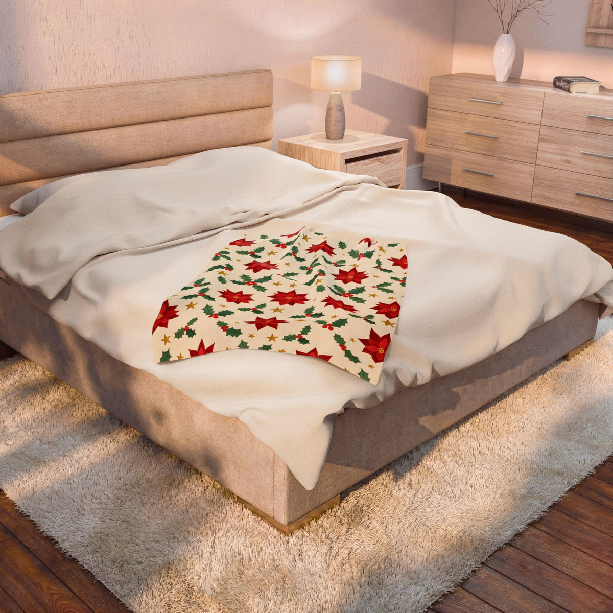 Christmas Poinsettia Pattern Velveteen Plush Blanket – Style 2