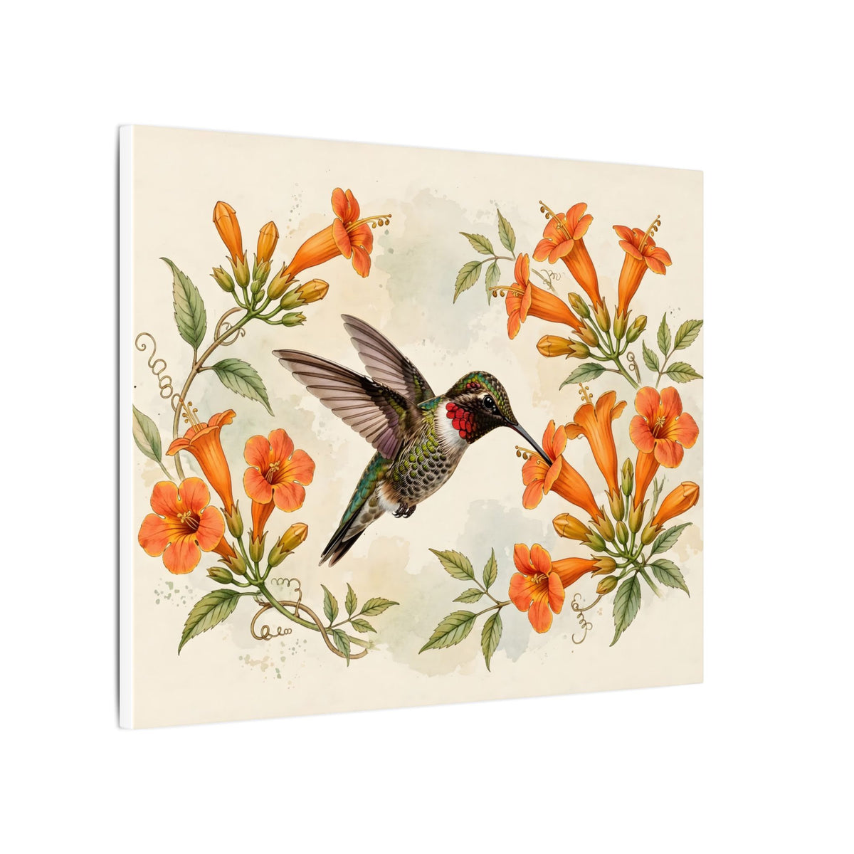 Hummingbird and Trumpet Flowers Canvas Wall Art