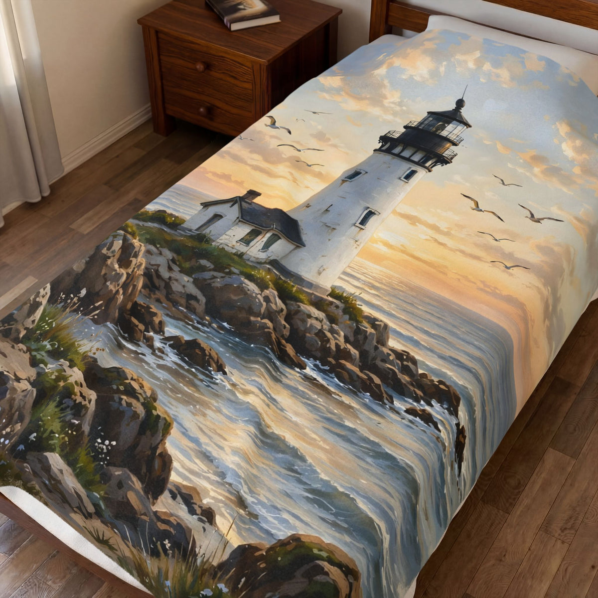 Lighthouse at Golden Hour Velveteen Plush Blanket