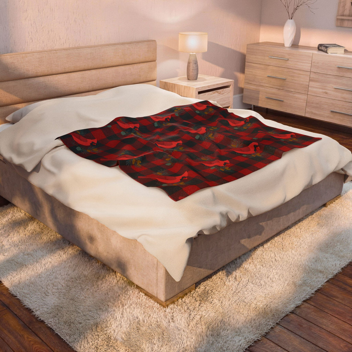 Cardinals and Buffalo Plaid Pattern Velveteen Plush Blanket