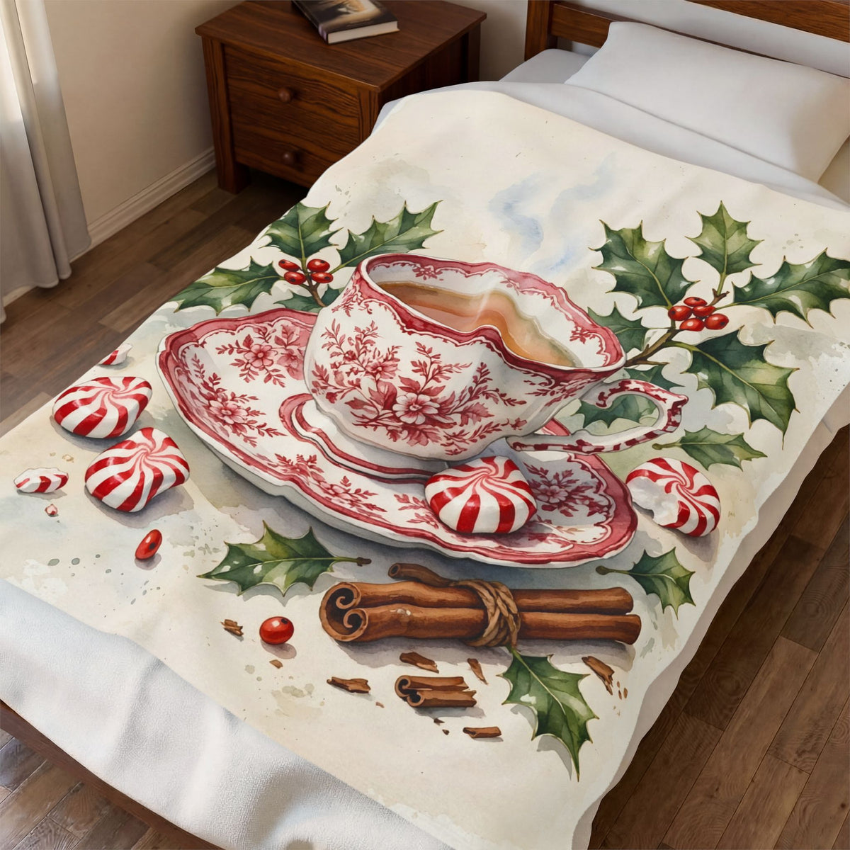 Christmas Teacup with Peppermints Velveteen Plush Blanket