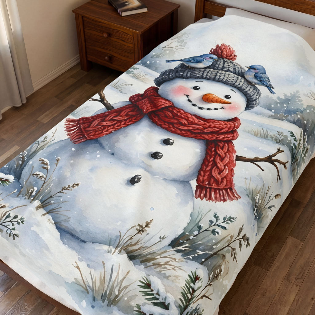 Winter Snowman and Bluebirds Velveteen Plush Blanket – Style 2
