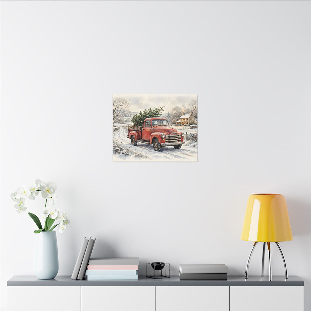 Vintage Red Truck with Christmas Tree Canvas Wall Art