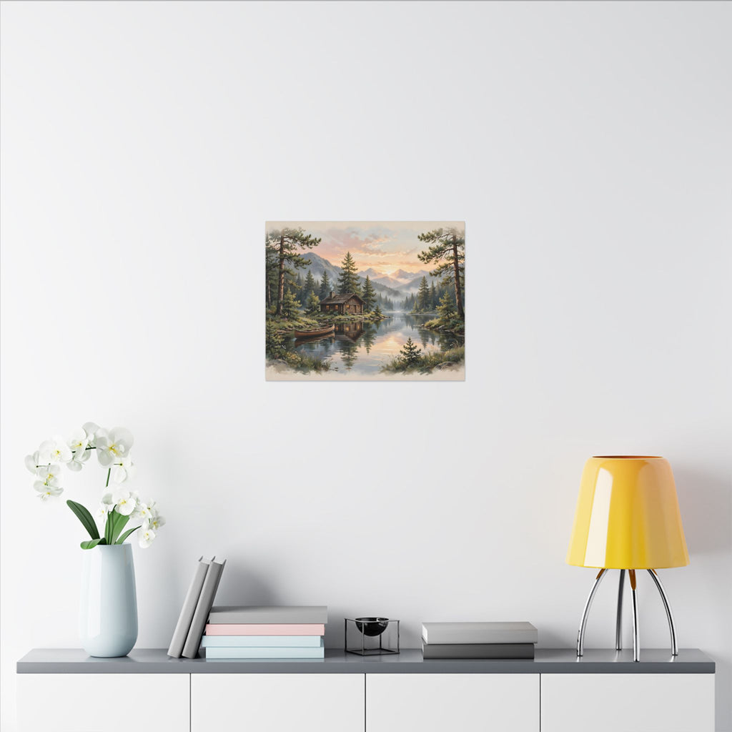 Mountain Cabin by the Lake Canvas Wall Art – Style 2