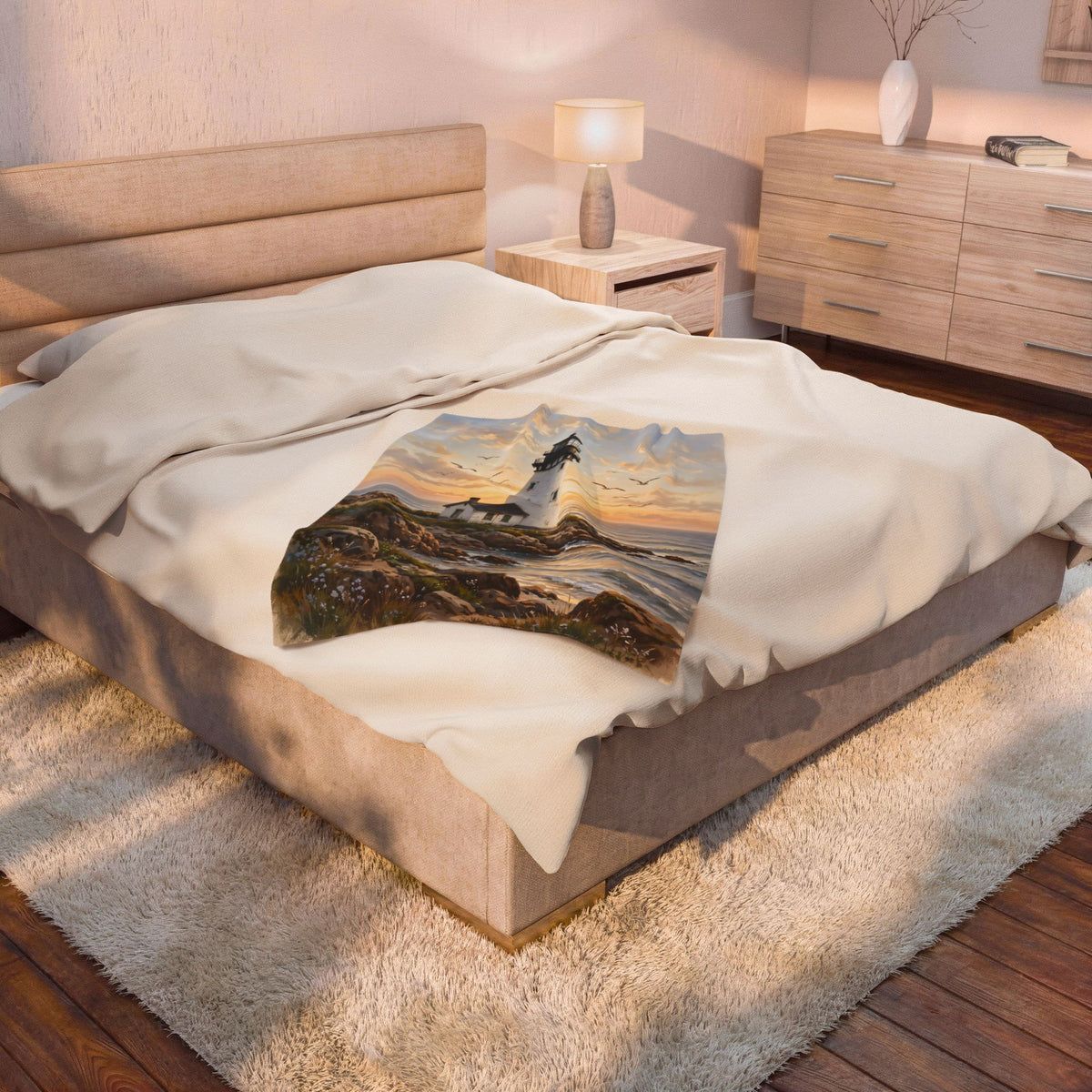 Lighthouse at Golden Hour Velveteen Plush Blanket
