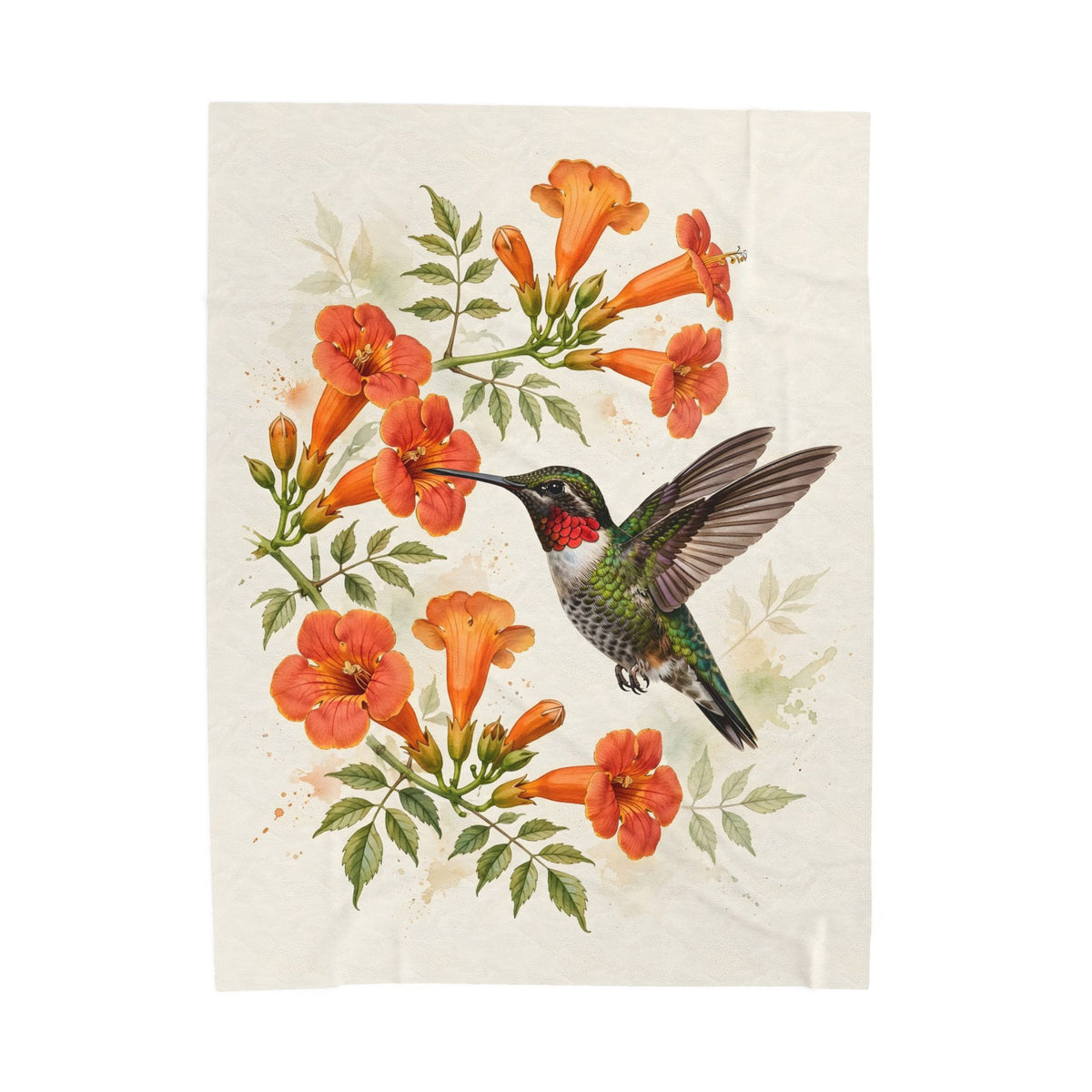 Hummingbird and Trumpet Flowers Velveteen Plush Blanket