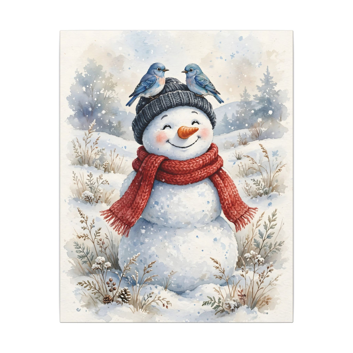 Winter Snowman and Bluebirds Canvas Wall Art – Style 2