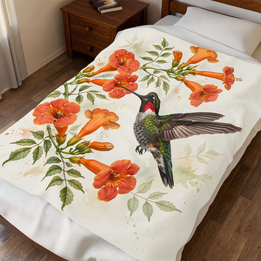 Hummingbird and Trumpet Flowers Velveteen Plush Blanket