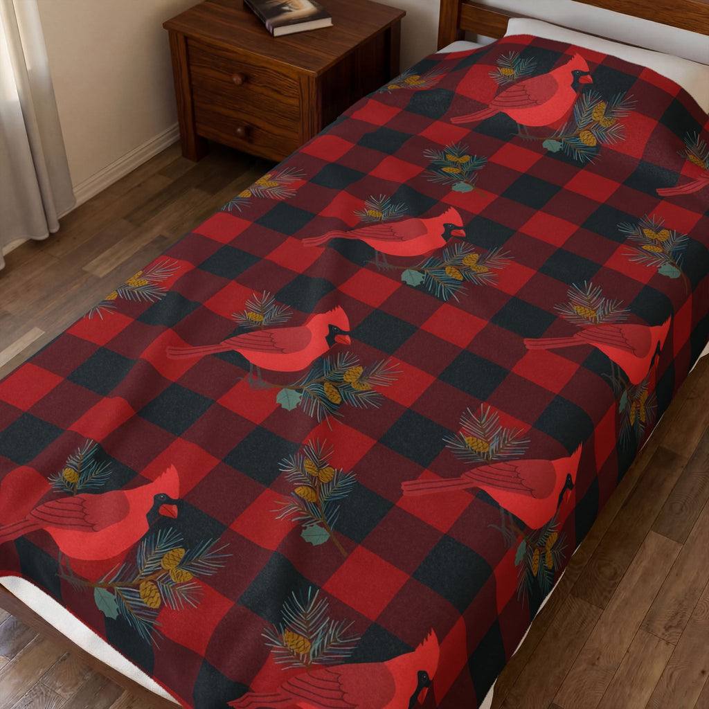 Cardinals and Buffalo Plaid Pattern Velveteen Plush Blanket