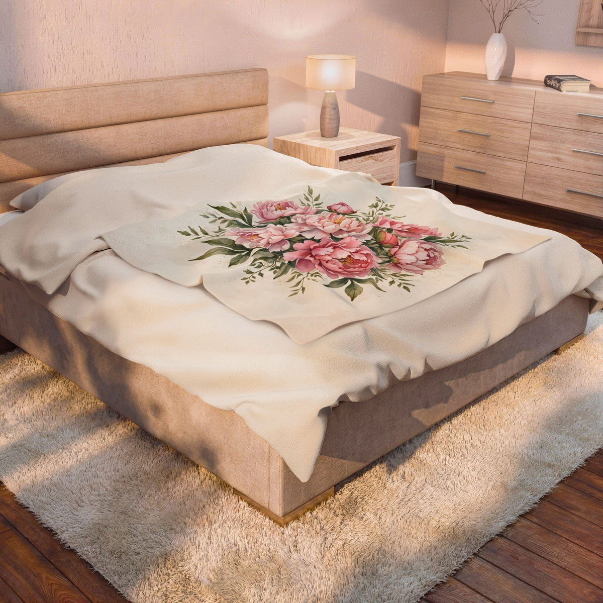 Pink Peonies Watercolor Velveteen Plush Blanket