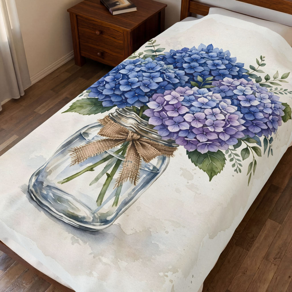 Blue Hydrangeas in a Mason Jar Velveteen Plush Blanket – Style 2