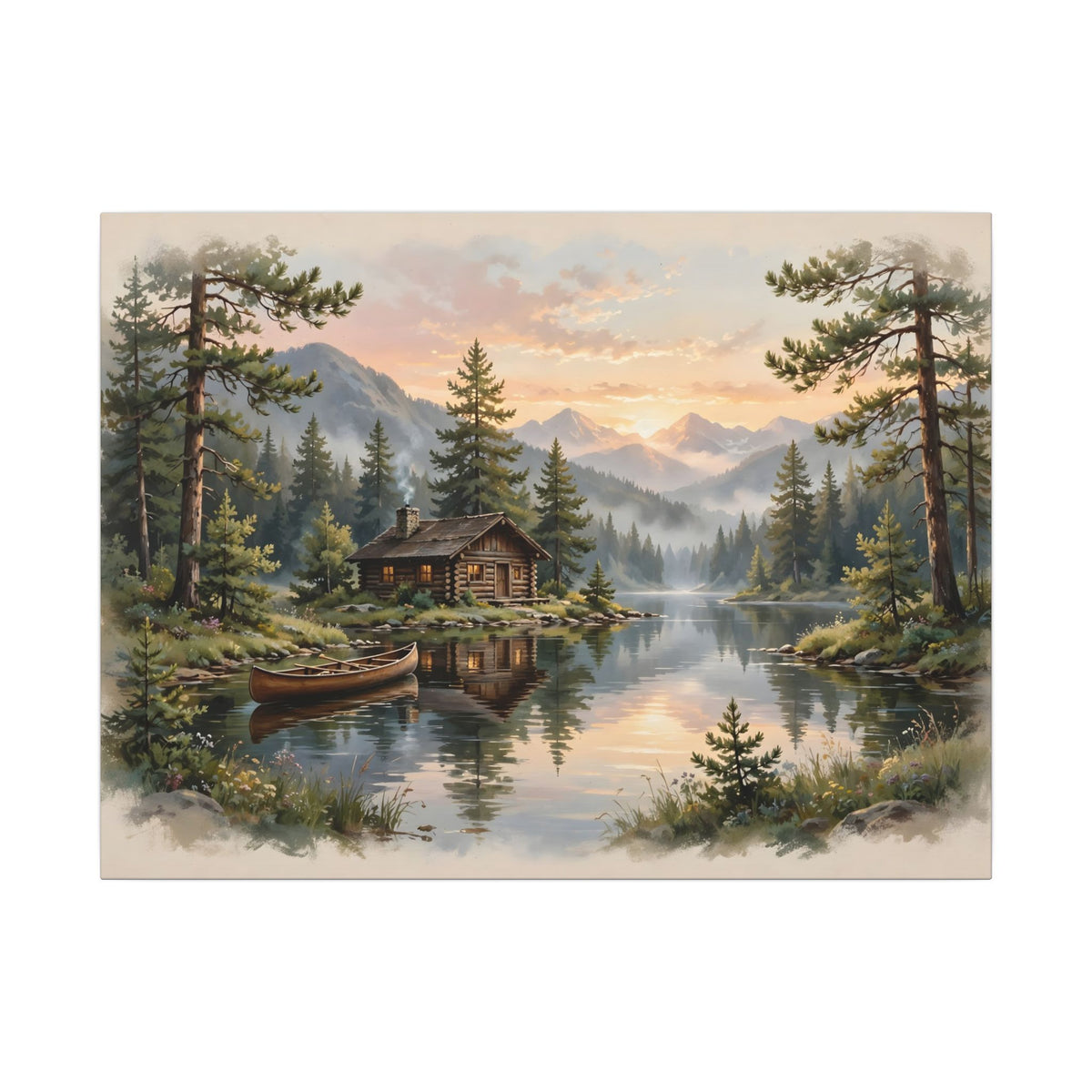Mountain Cabin by the Lake Canvas Wall Art – Style 2