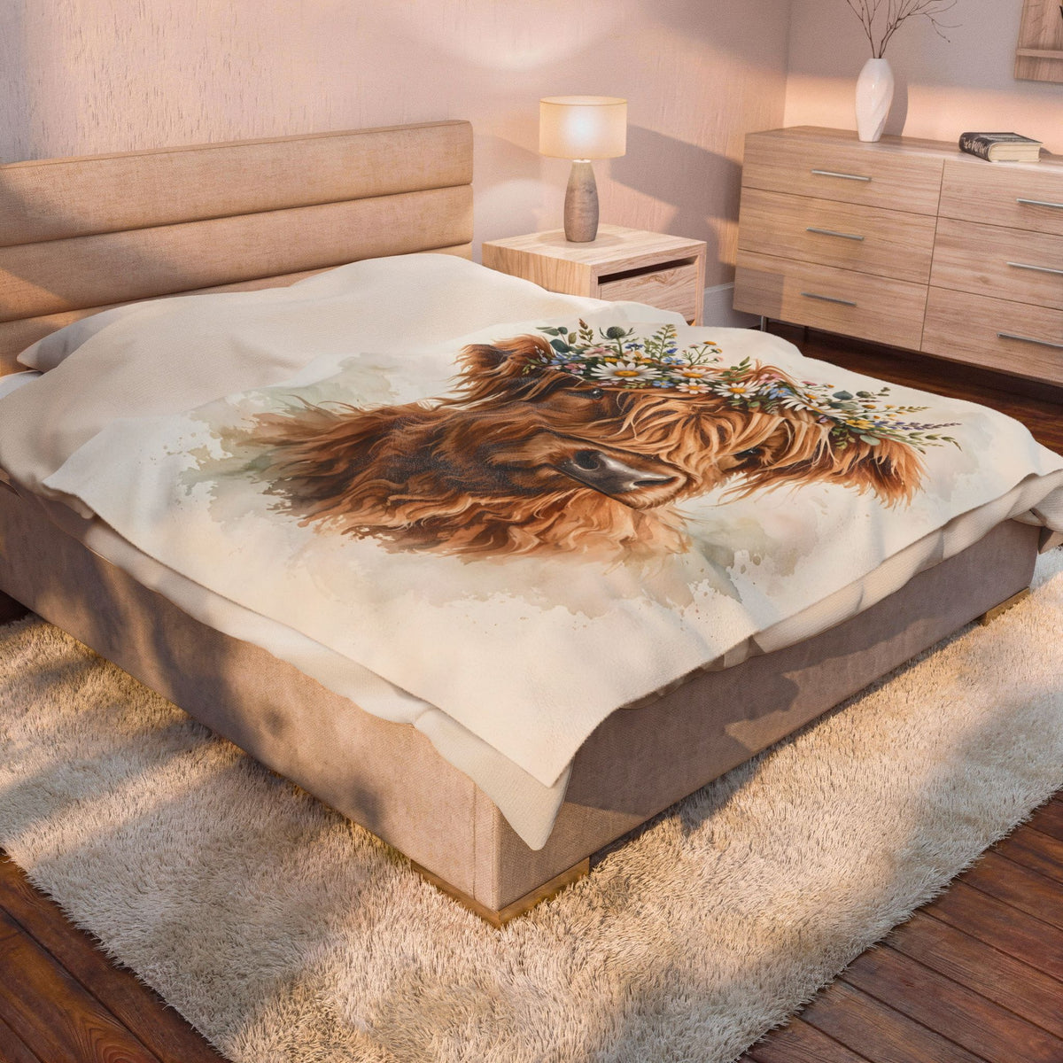 Highland Cow with Flower Crown Velveteen Plush Blanket