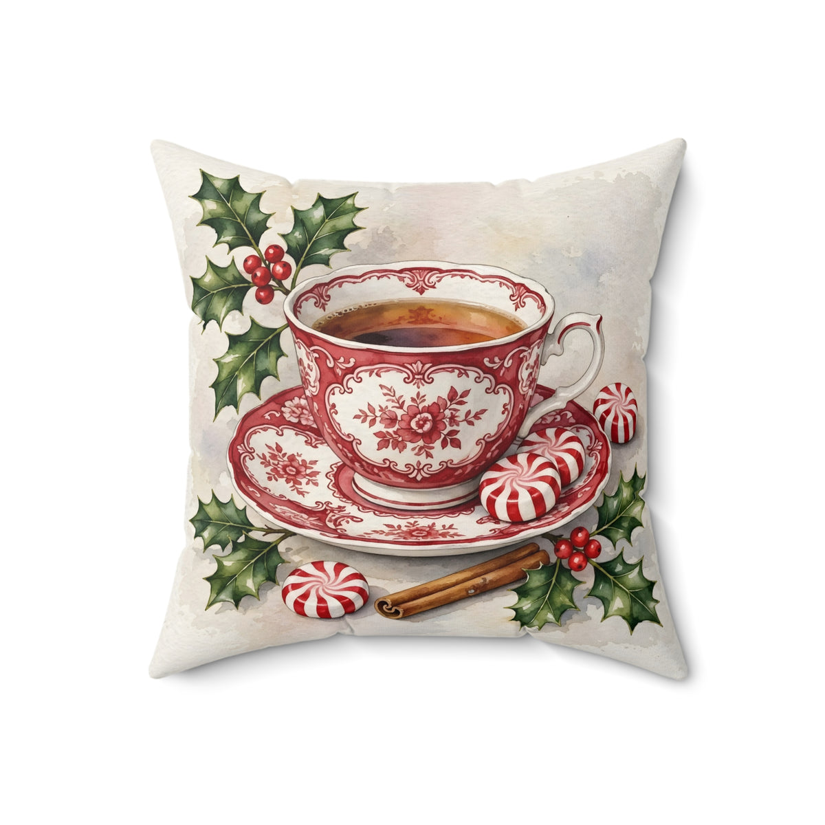 Christmas Teacup with Peppermints Throw Pillow
