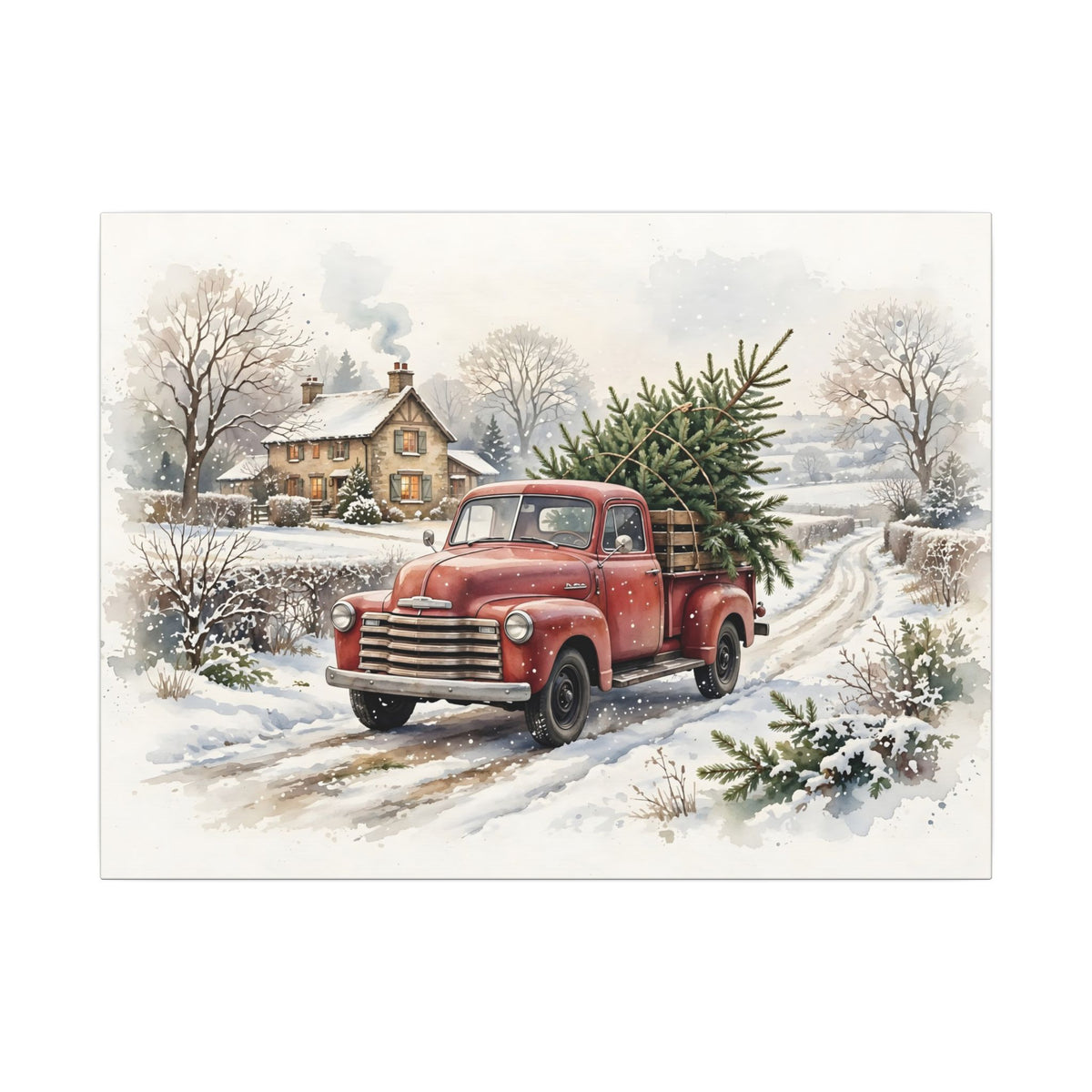 Vintage Red Truck with Christmas Tree Canvas Wall Art – Style 2