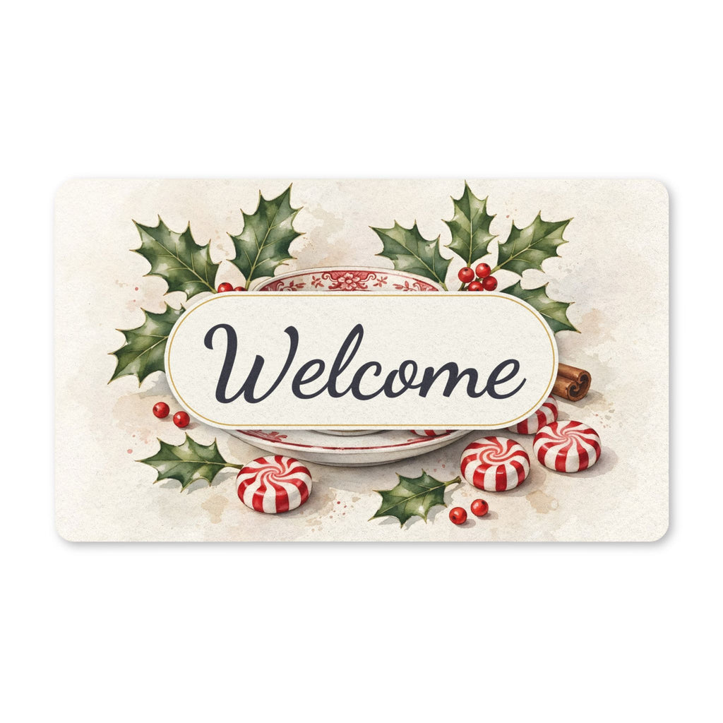 Christmas Teacup with Peppermints Welcome Doormat