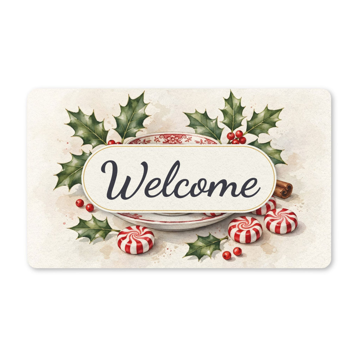 Christmas Teacup with Peppermints Welcome Doormat