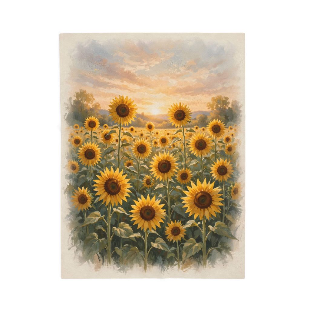 Sunflower Field at Sunset Velveteen Plush Blanket