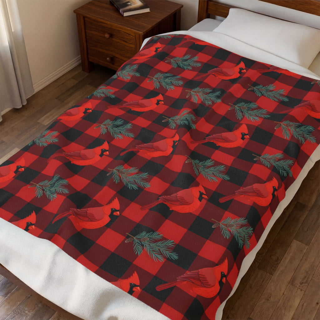 Cardinals and Buffalo Plaid Pattern Velveteen Plush Blanket – Style 2