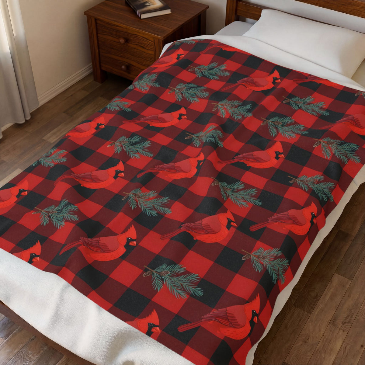 Cardinals and Buffalo Plaid Pattern Velveteen Plush Blanket – Style 2