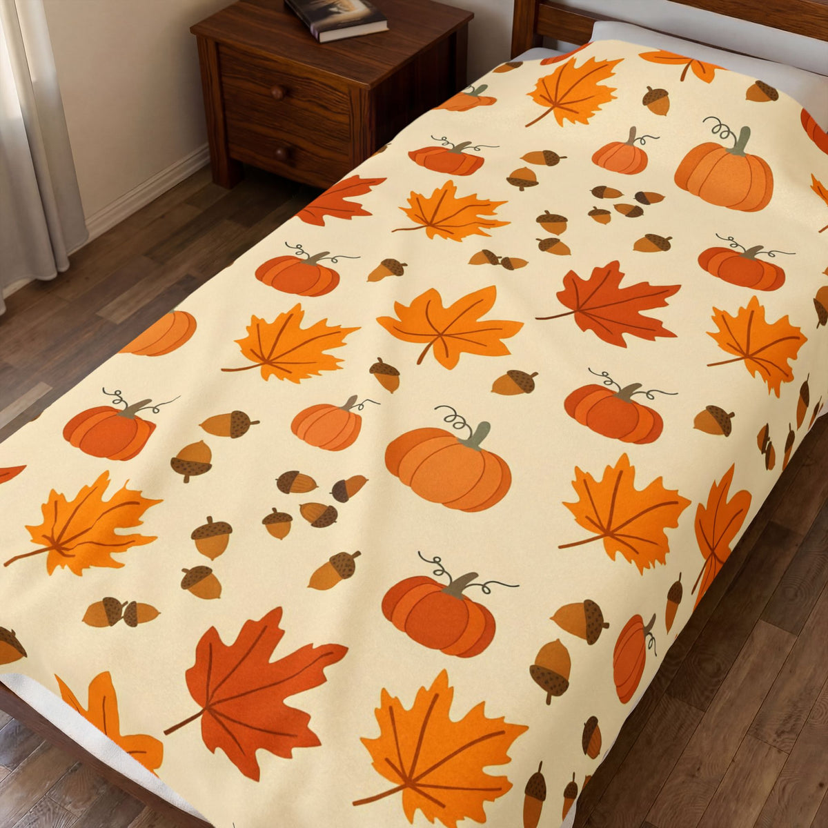 Autumn Leaves and Pumpkins Pattern Velveteen Plush Blanket