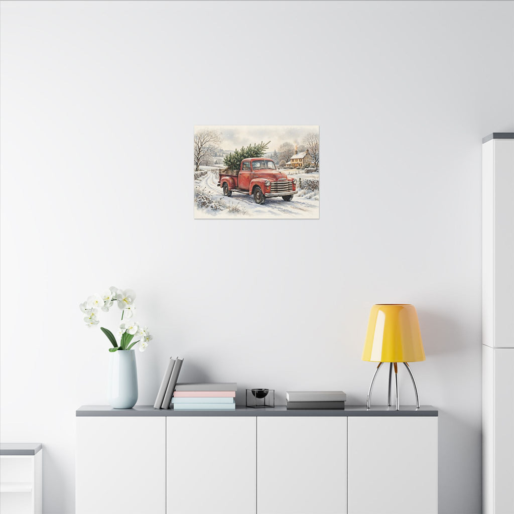 Vintage Red Truck with Christmas Tree Canvas Wall Art