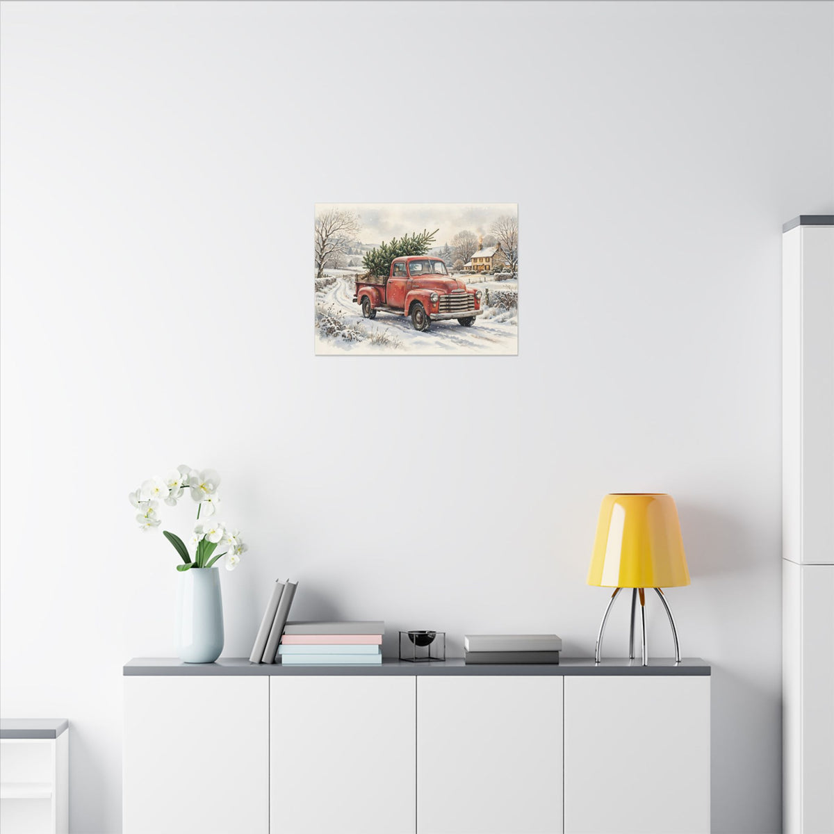 Vintage Red Truck with Christmas Tree Canvas Wall Art