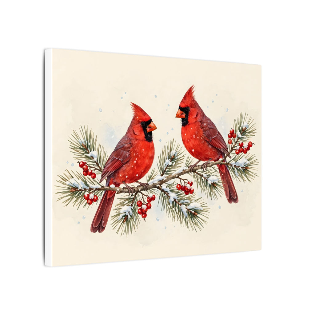 Cardinals on a Snowy Pine Branch Canvas Wall Art