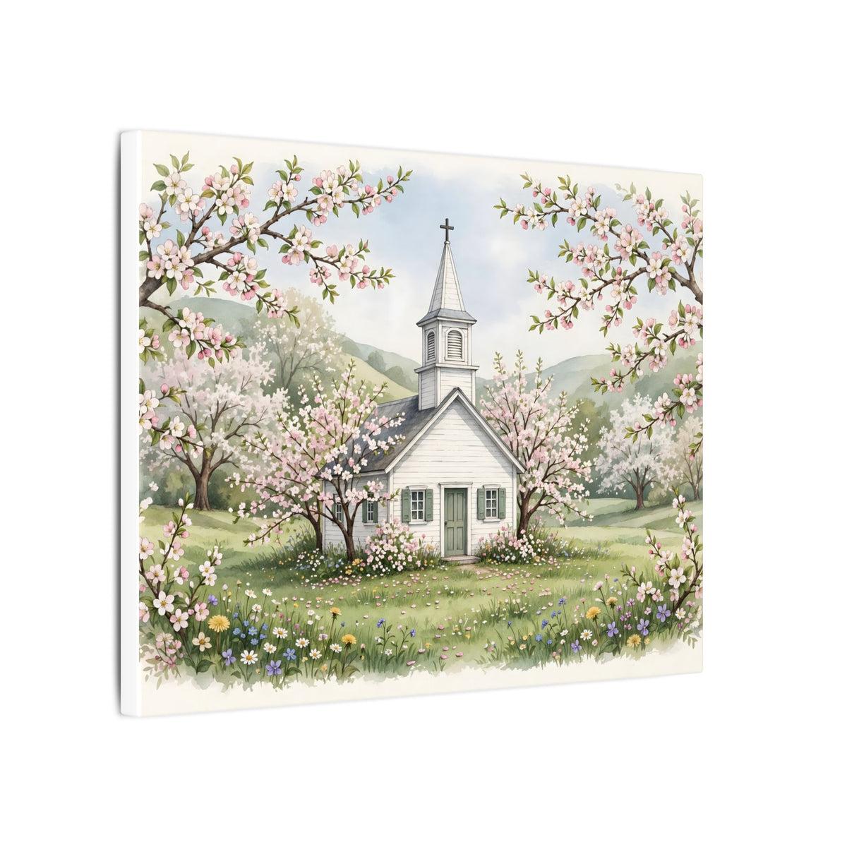 Country Church in Spring Canvas Wall Art