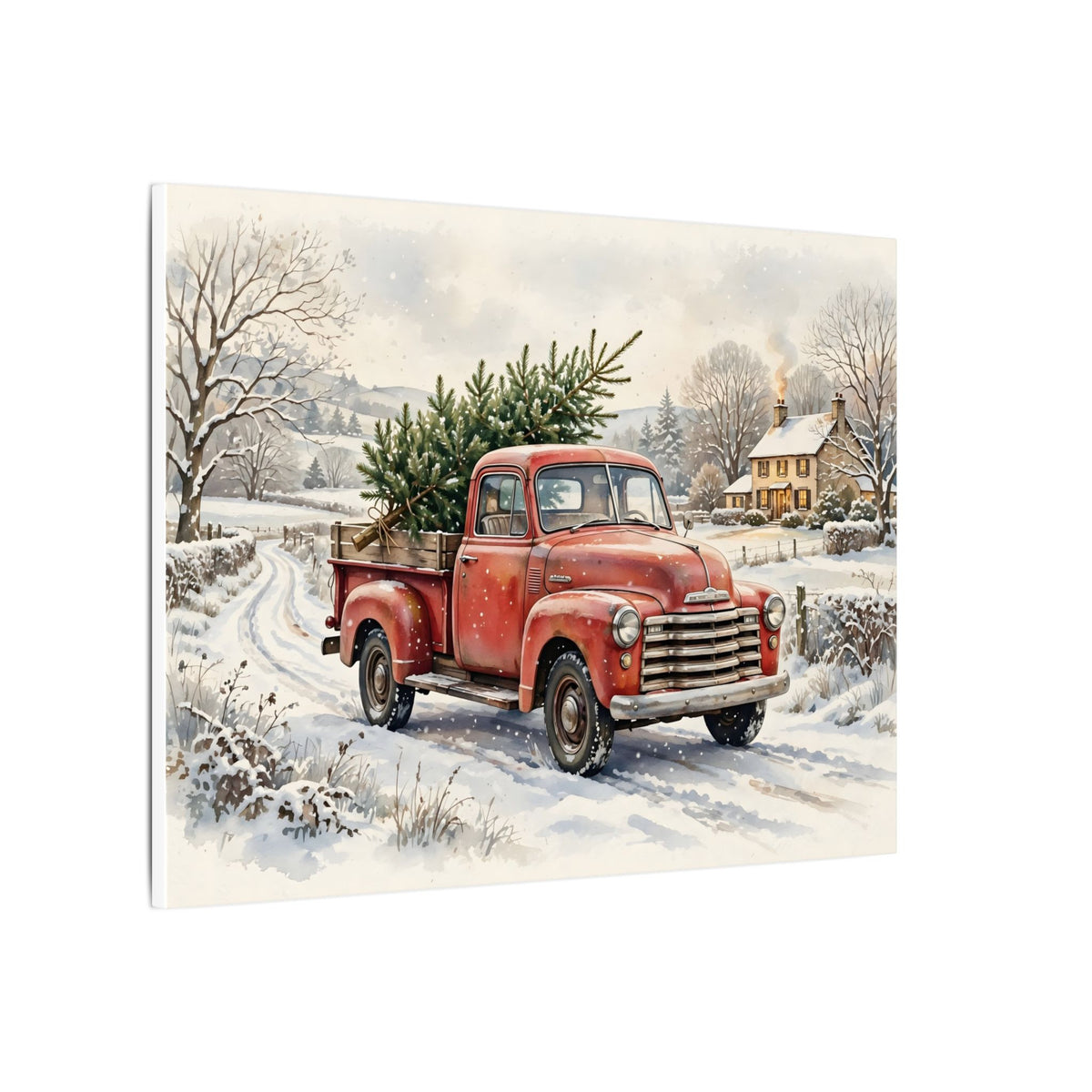Vintage Red Truck with Christmas Tree Canvas Wall Art