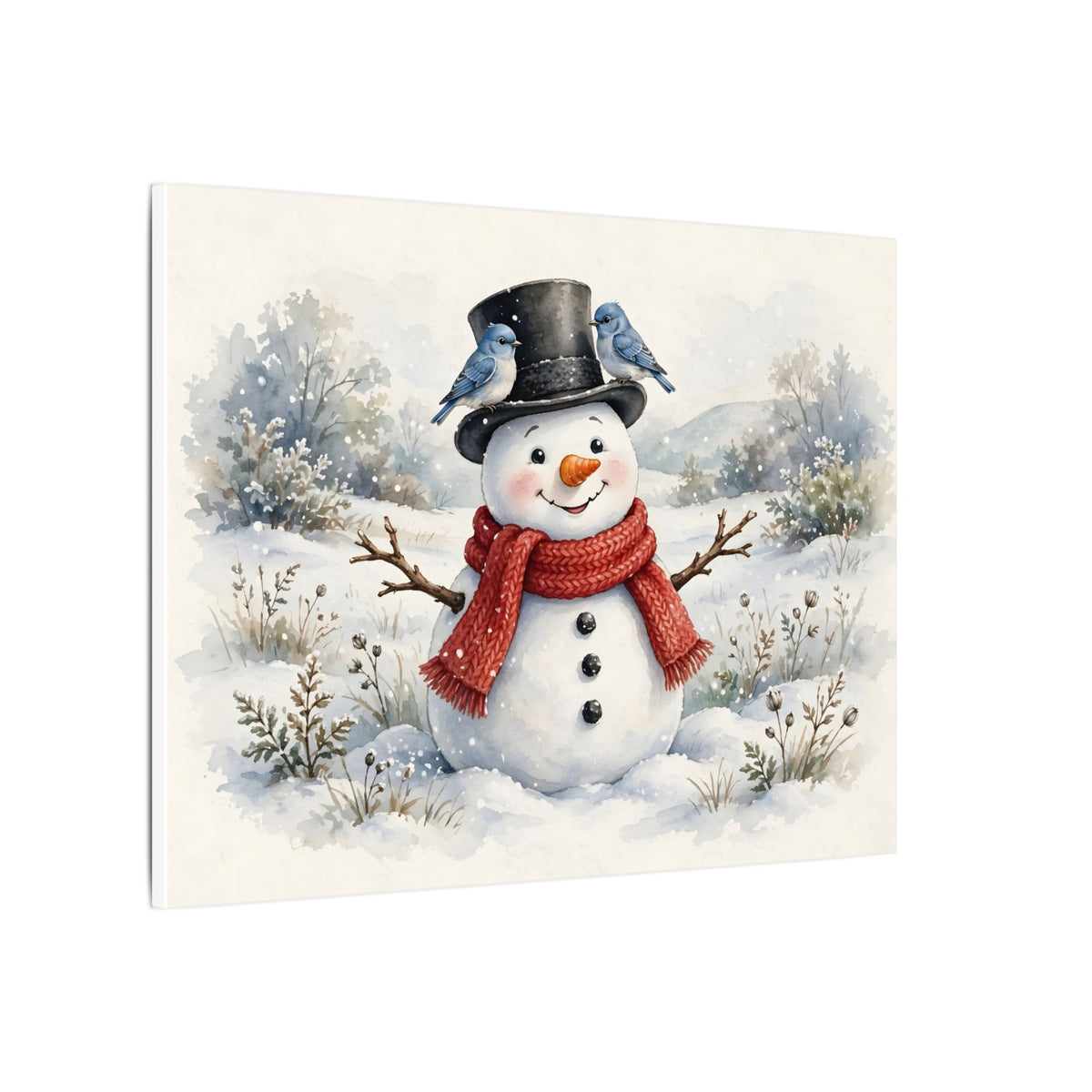 Winter Snowman and Bluebirds Canvas Wall Art