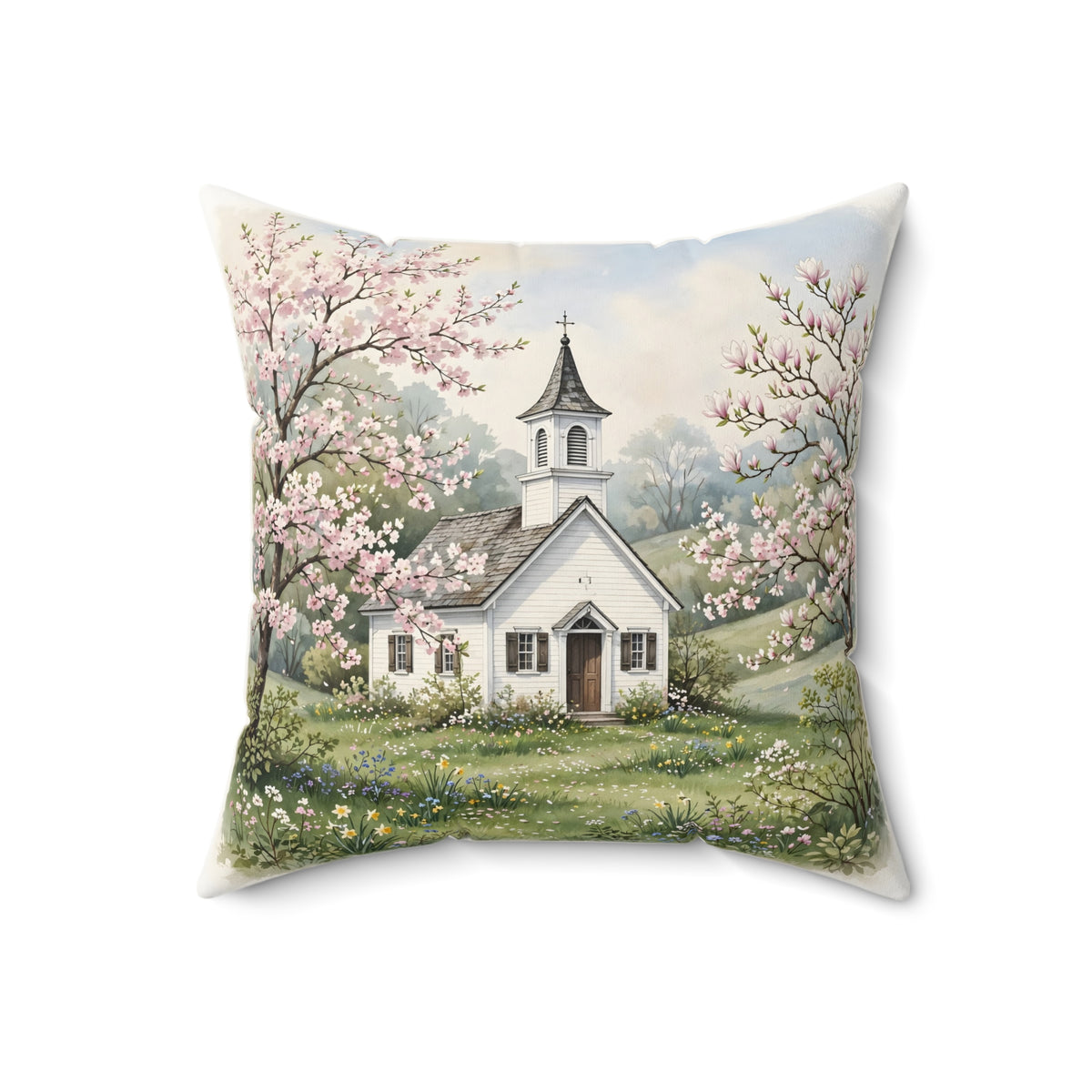 Country Church in Spring Throw Pillow