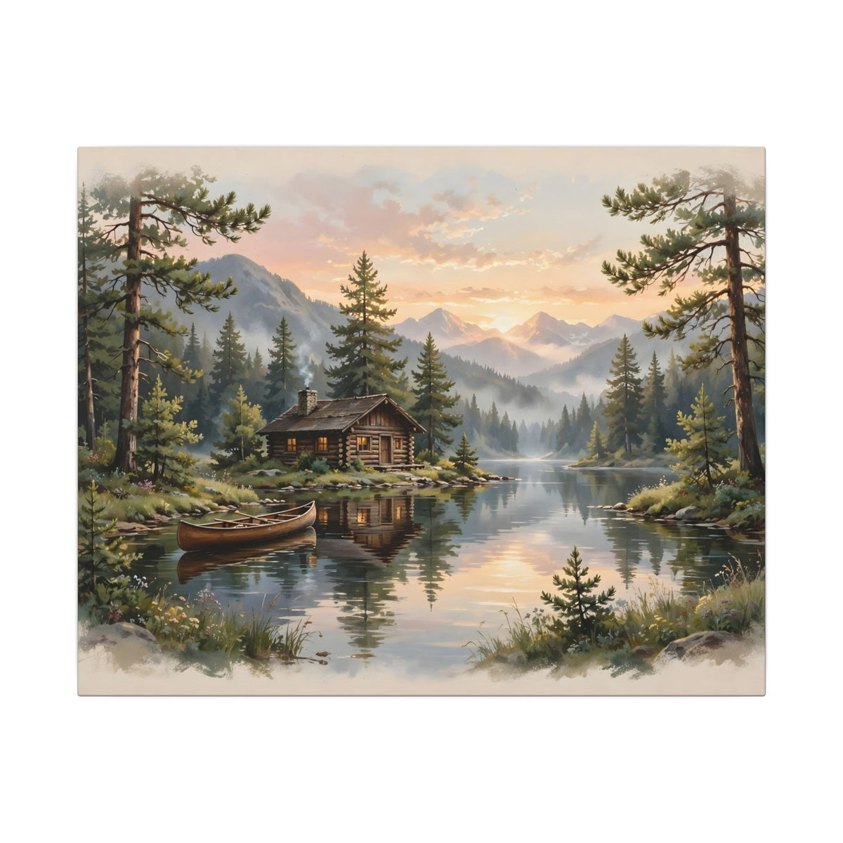 Mountain Cabin by the Lake Canvas Wall Art – Style 2