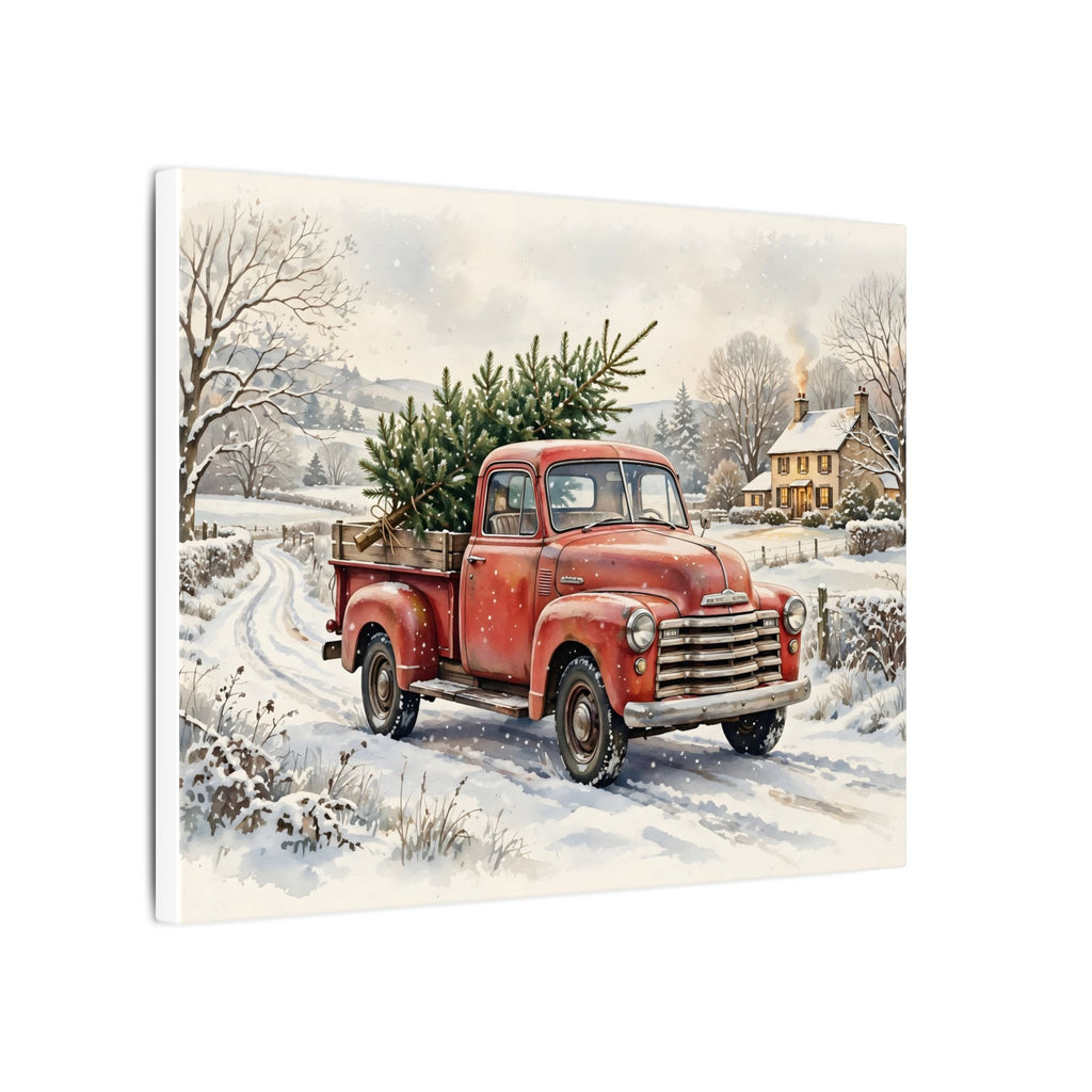 Vintage Red Truck with Christmas Tree Canvas Wall Art