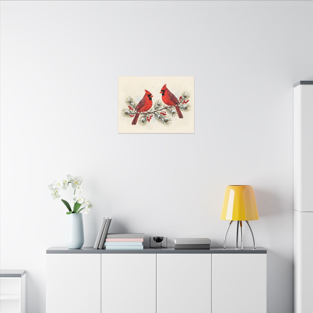 Cardinals on a Snowy Pine Branch Canvas Wall Art
