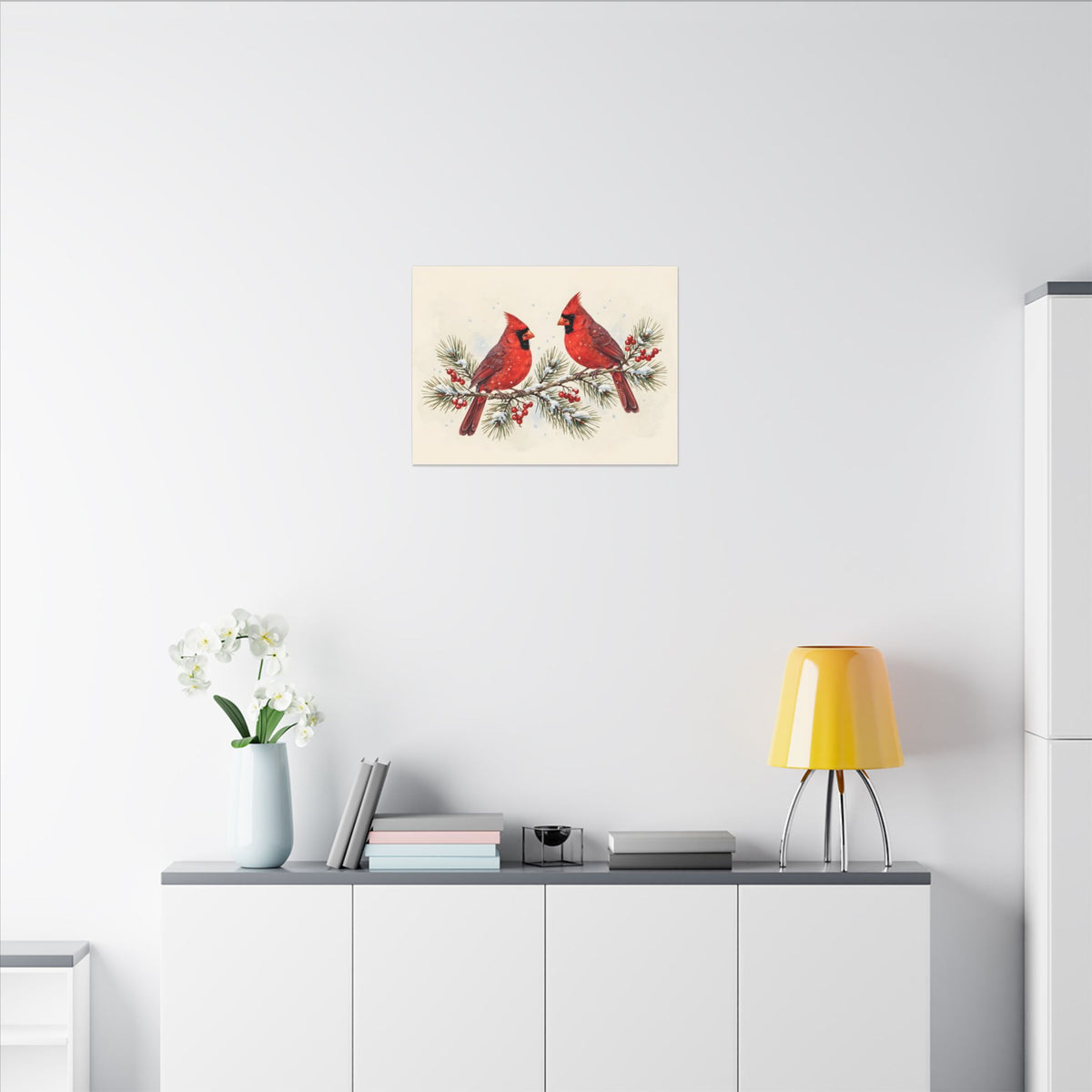 Cardinals on a Snowy Pine Branch Canvas Wall Art