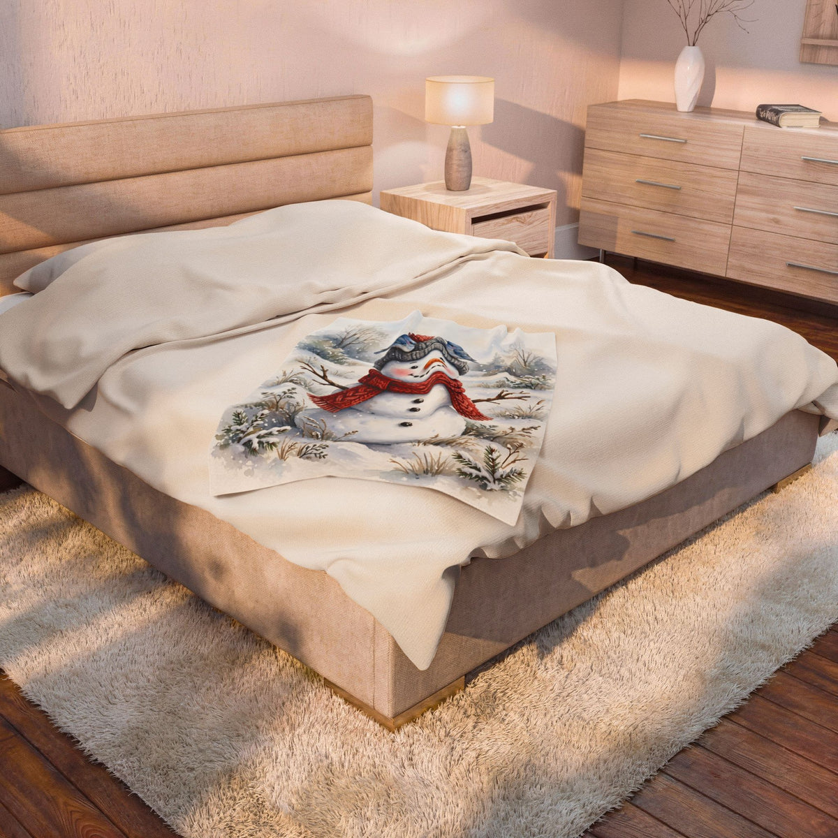 Winter Snowman and Bluebirds Velveteen Plush Blanket – Style 2