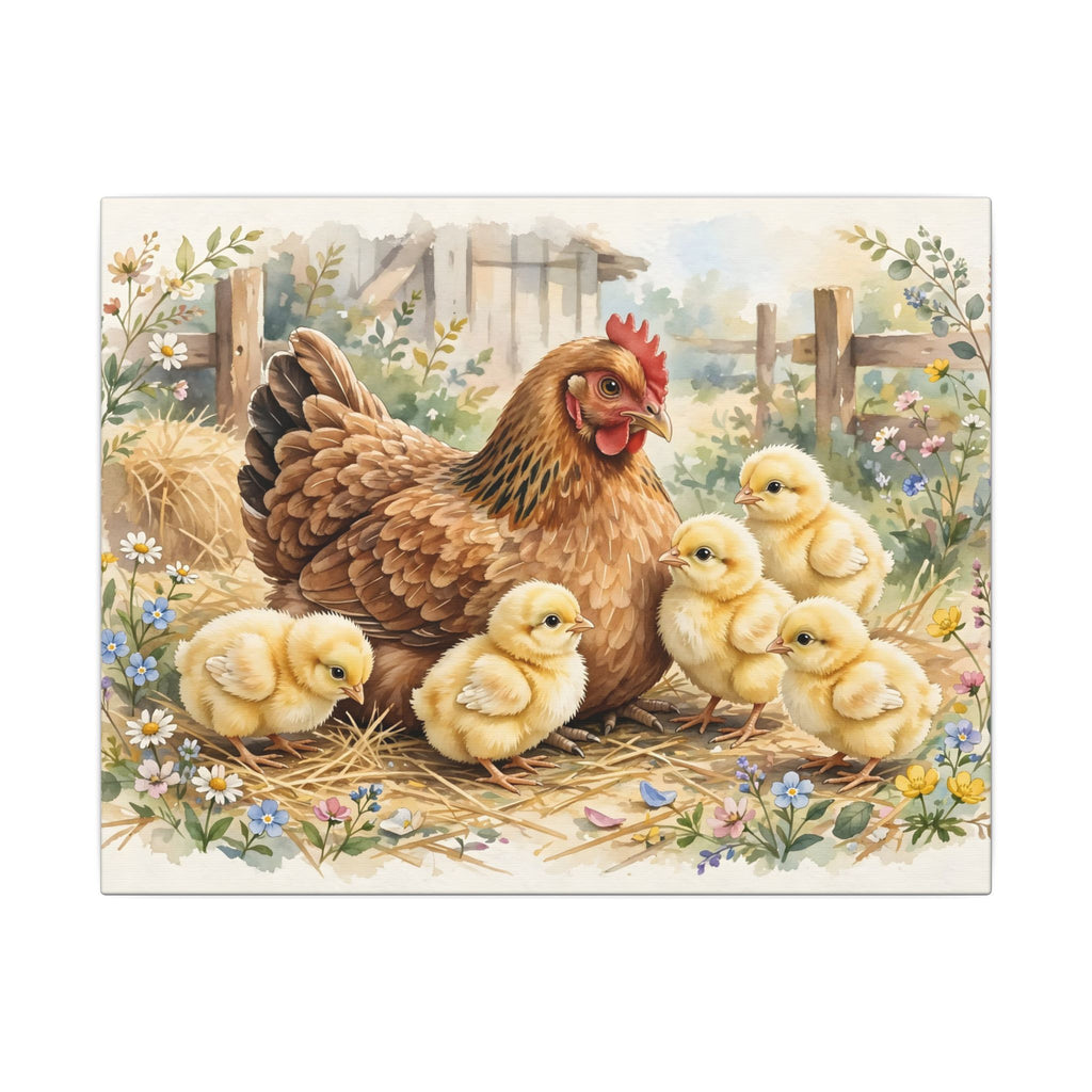 Hen and Chicks in the Barnyard Canvas Wall Art