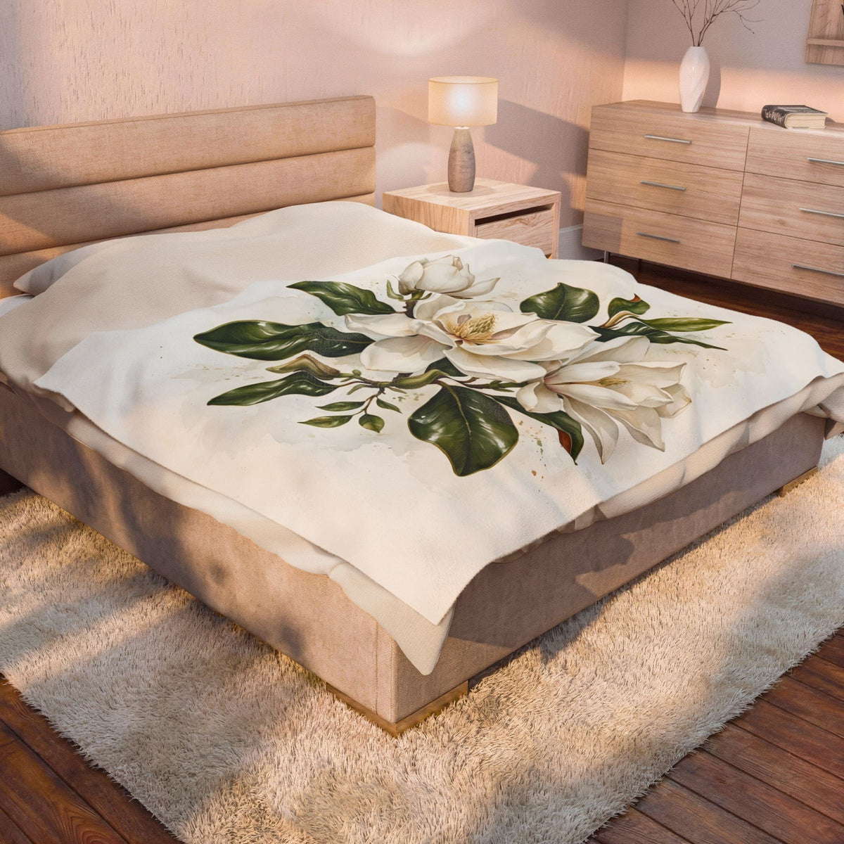 Magnolia Blossoms Velveteen Plush Blanket
