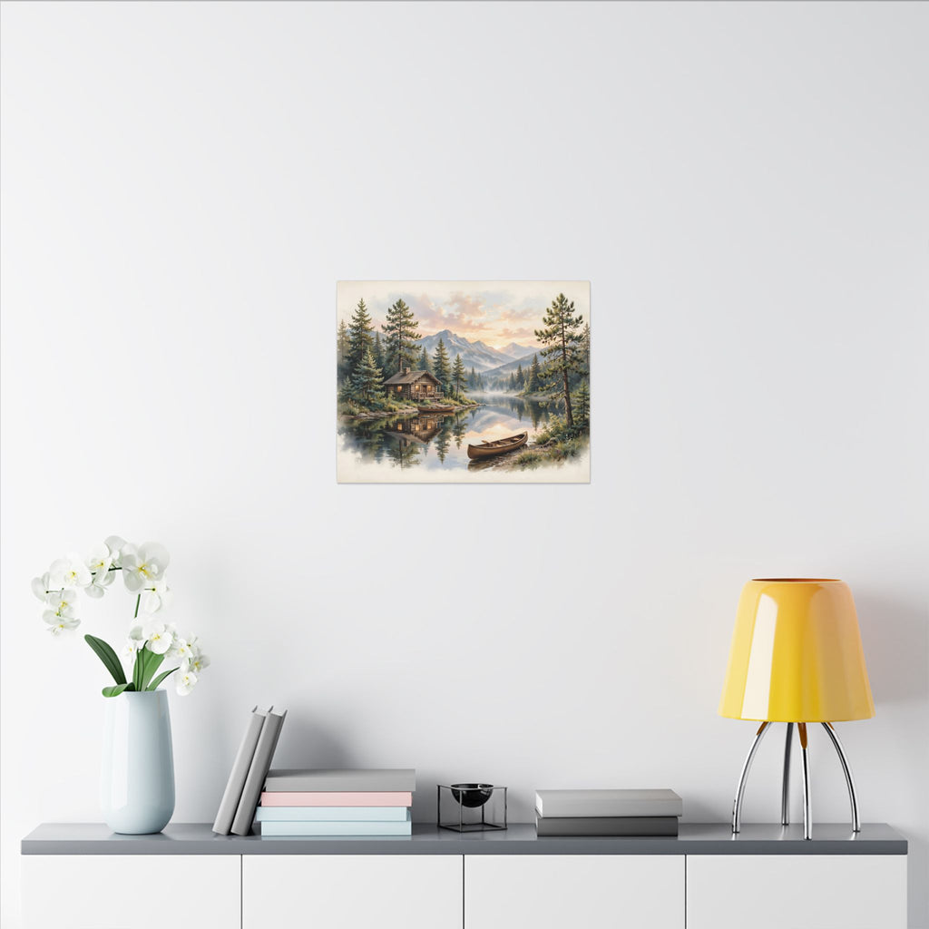 Mountain Cabin by the Lake Canvas Wall Art