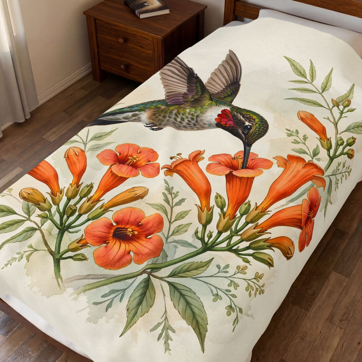 Hummingbird and Trumpet Flowers Velveteen Plush Blanket – Style 2