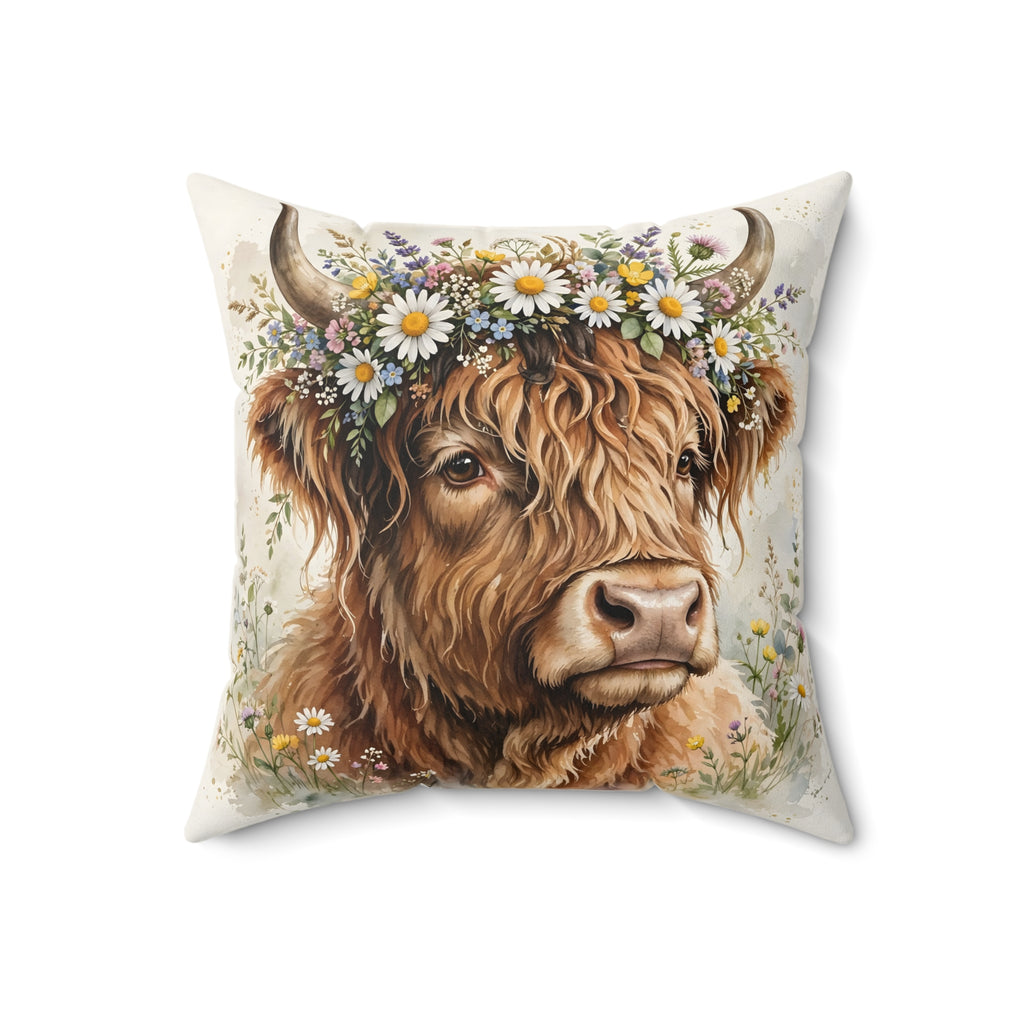 Highland Cow with Flower Crown Throw Pillow