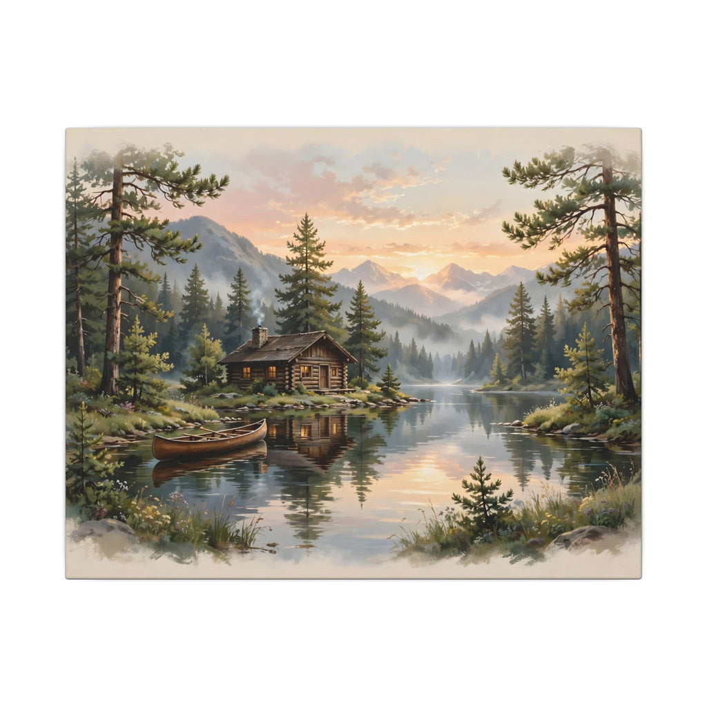 Mountain Cabin by the Lake Canvas Wall Art – Style 2